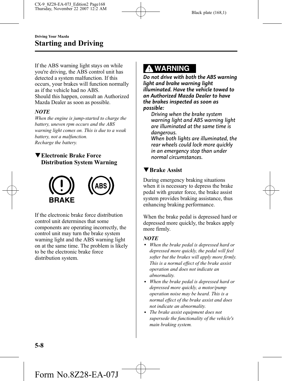 Starting and driving, Warning | Mazda 2008 CX-9 User Manual | Page 168 / 506