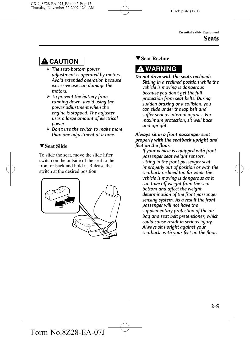 Seats, Caution, Warning | Mazda 2008 CX-9 User Manual | Page 17 / 506