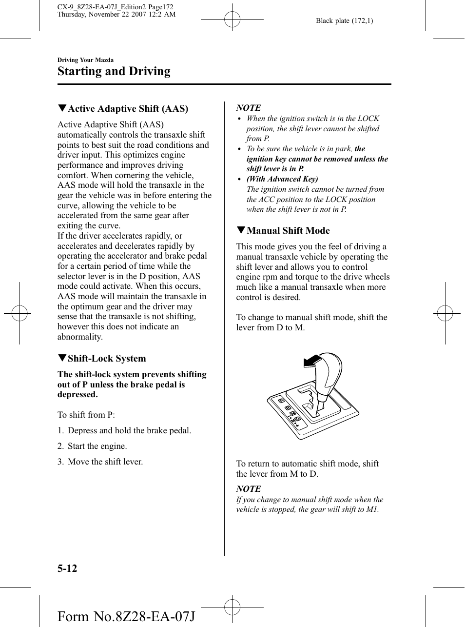 Starting and driving | Mazda 2008 CX-9 User Manual | Page 172 / 506