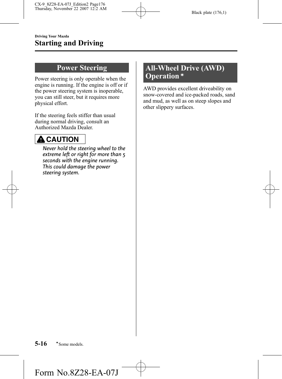 Power steering, All-wheel drive (awd) operation, Power steering -16 all-wheel drive (awd) operation | Starting and driving, Caution | Mazda 2008 CX-9 User Manual | Page 176 / 506