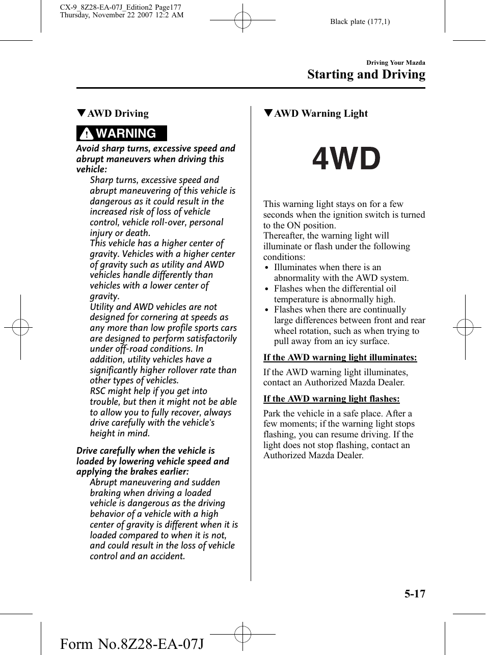 Starting and driving, Warning | Mazda 2008 CX-9 User Manual | Page 177 / 506