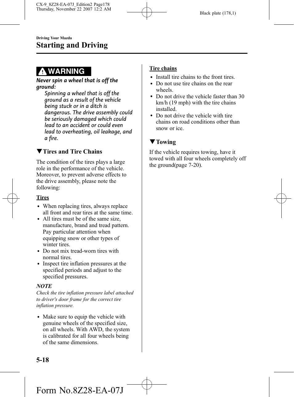Starting and driving, Warning, Qtires and tire chains | Qtowing | Mazda 2008 CX-9 User Manual | Page 178 / 506