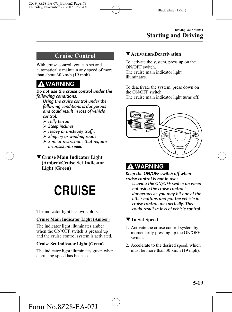 Cruise control, Cruise control -19, Starting and driving | Warning | Mazda 2008 CX-9 User Manual | Page 179 / 506