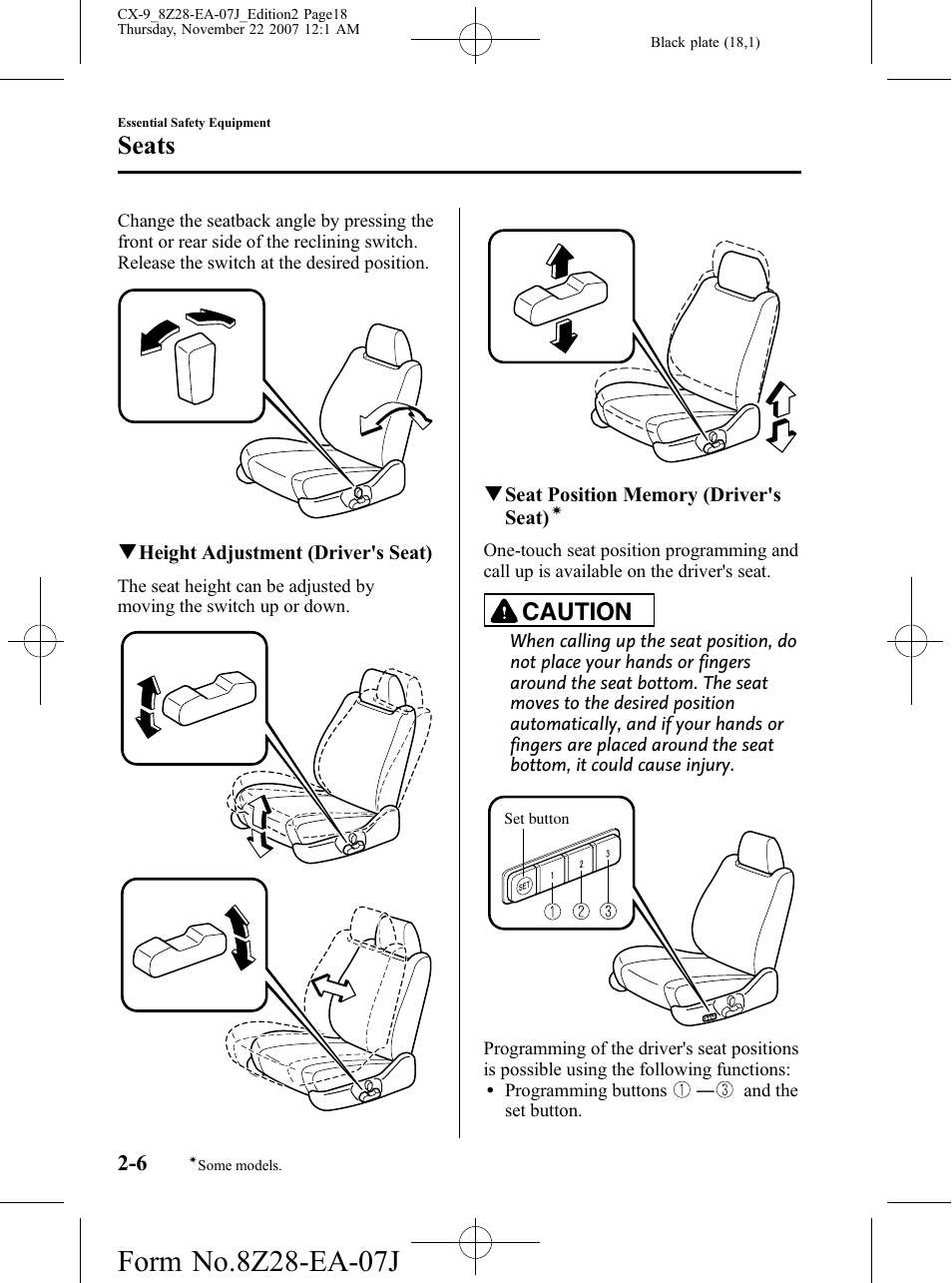 Seats, Caution | Mazda 2008 CX-9 User Manual | Page 18 / 506