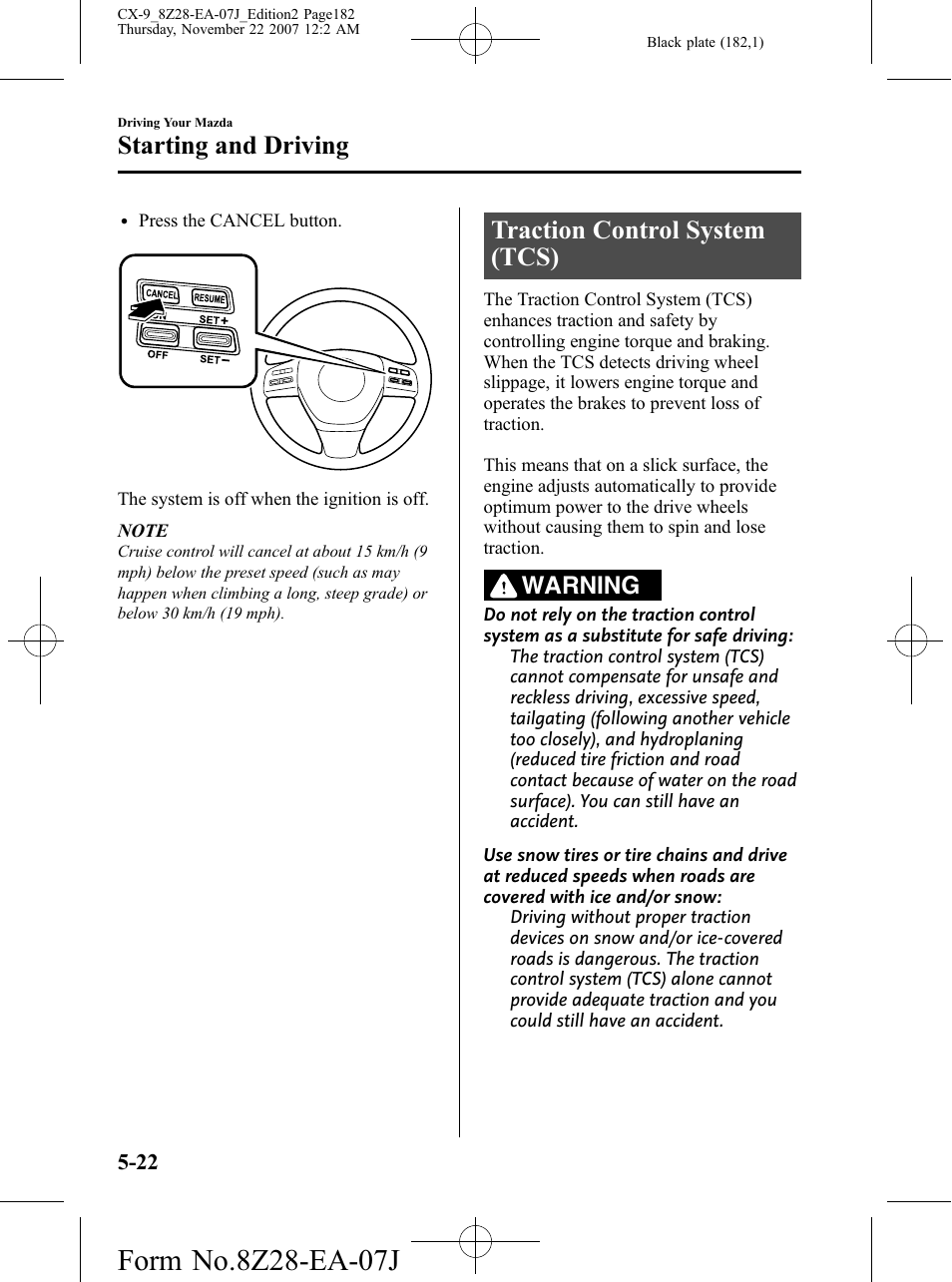 Traction control system (tcs), Traction control system (tcs) -22, Starting and driving | Warning | Mazda 2008 CX-9 User Manual | Page 182 / 506
