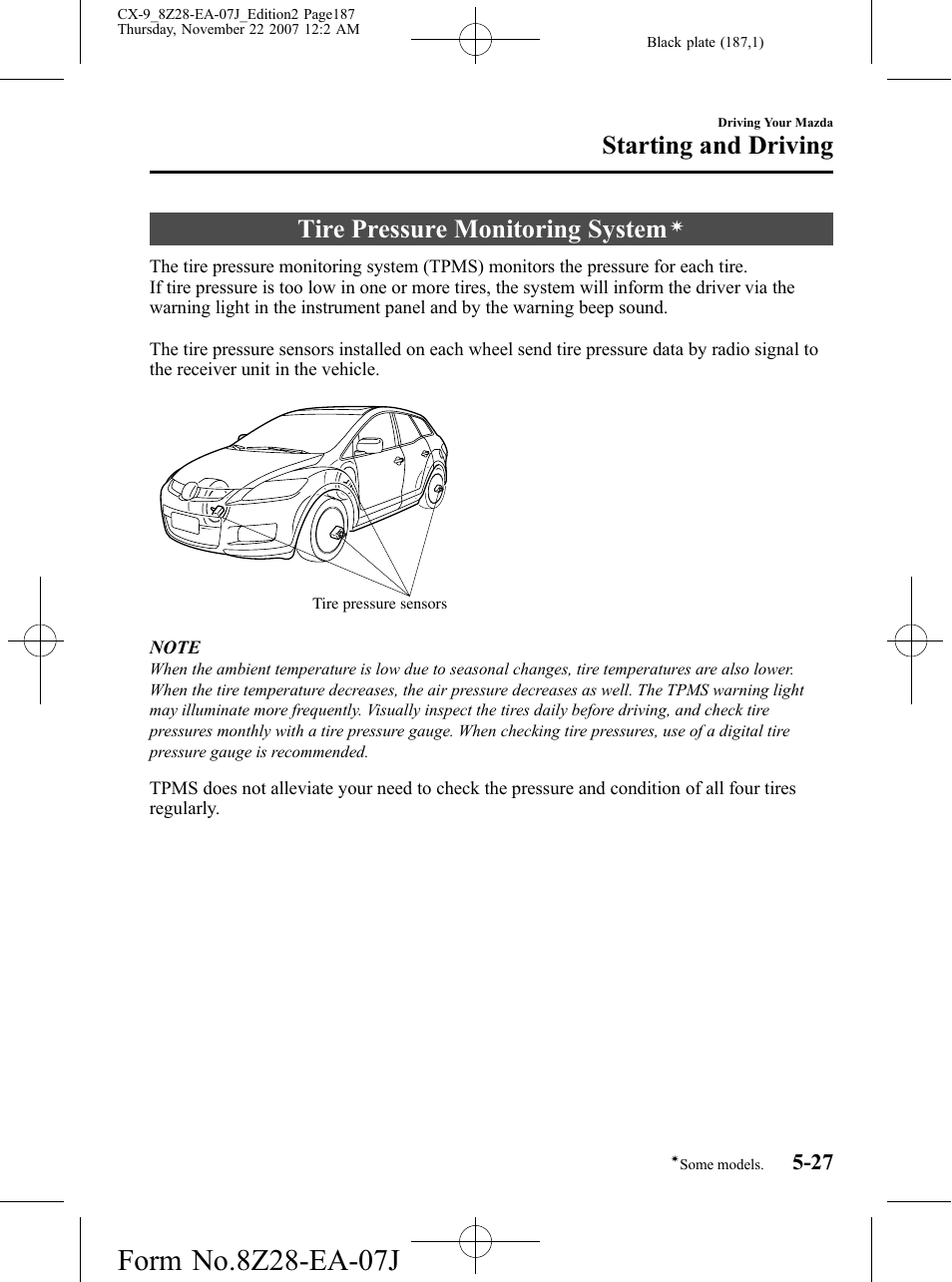 Tire pressure monitoring system, Starting and driving | Mazda 2008 CX-9 User Manual | Page 187 / 506