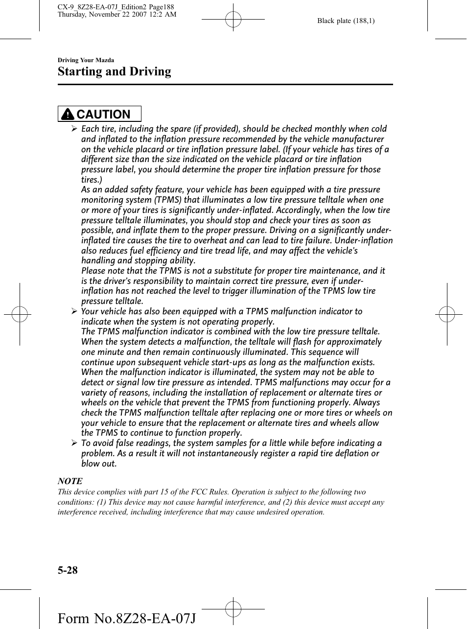 Starting and driving, Caution | Mazda 2008 CX-9 User Manual | Page 188 / 506