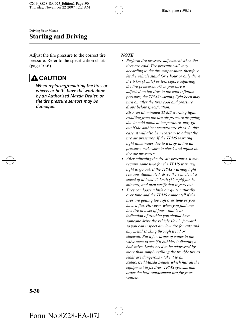 Starting and driving, Caution | Mazda 2008 CX-9 User Manual | Page 190 / 506