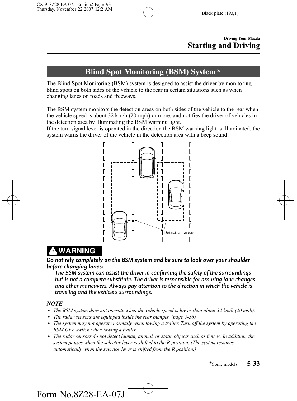 Blind spot monitoring (bsm) system, Starting and driving, Warning | Mazda 2008 CX-9 User Manual | Page 193 / 506