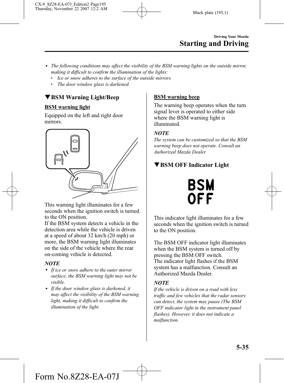 Starting and driving, Qbsm warning light/beep, Qbsm off indicator light | Mazda 2008 CX-9 User Manual | Page 195 / 506