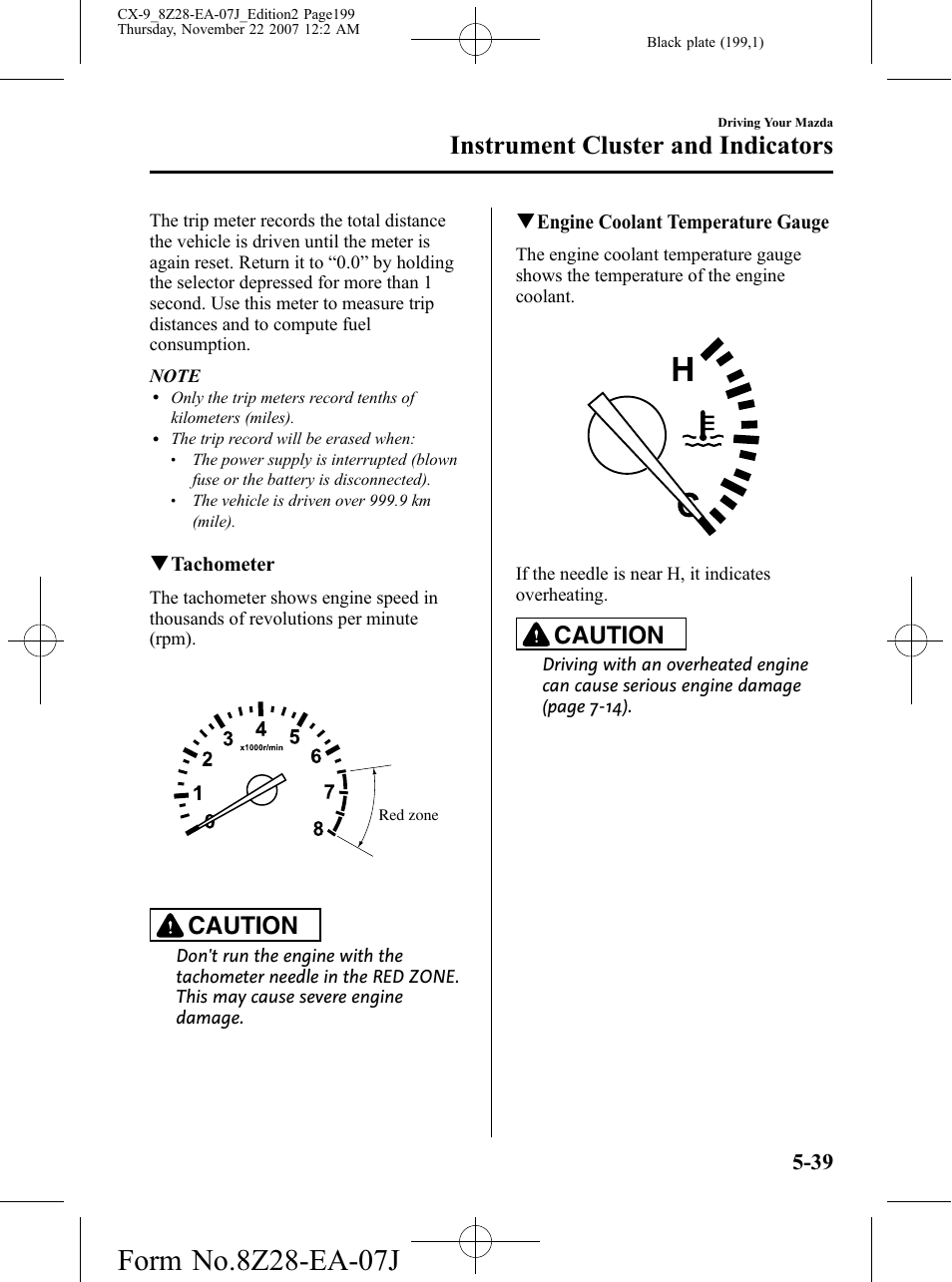 Instrument cluster and indicators, Caution | Mazda 2008 CX-9 User Manual | Page 199 / 506