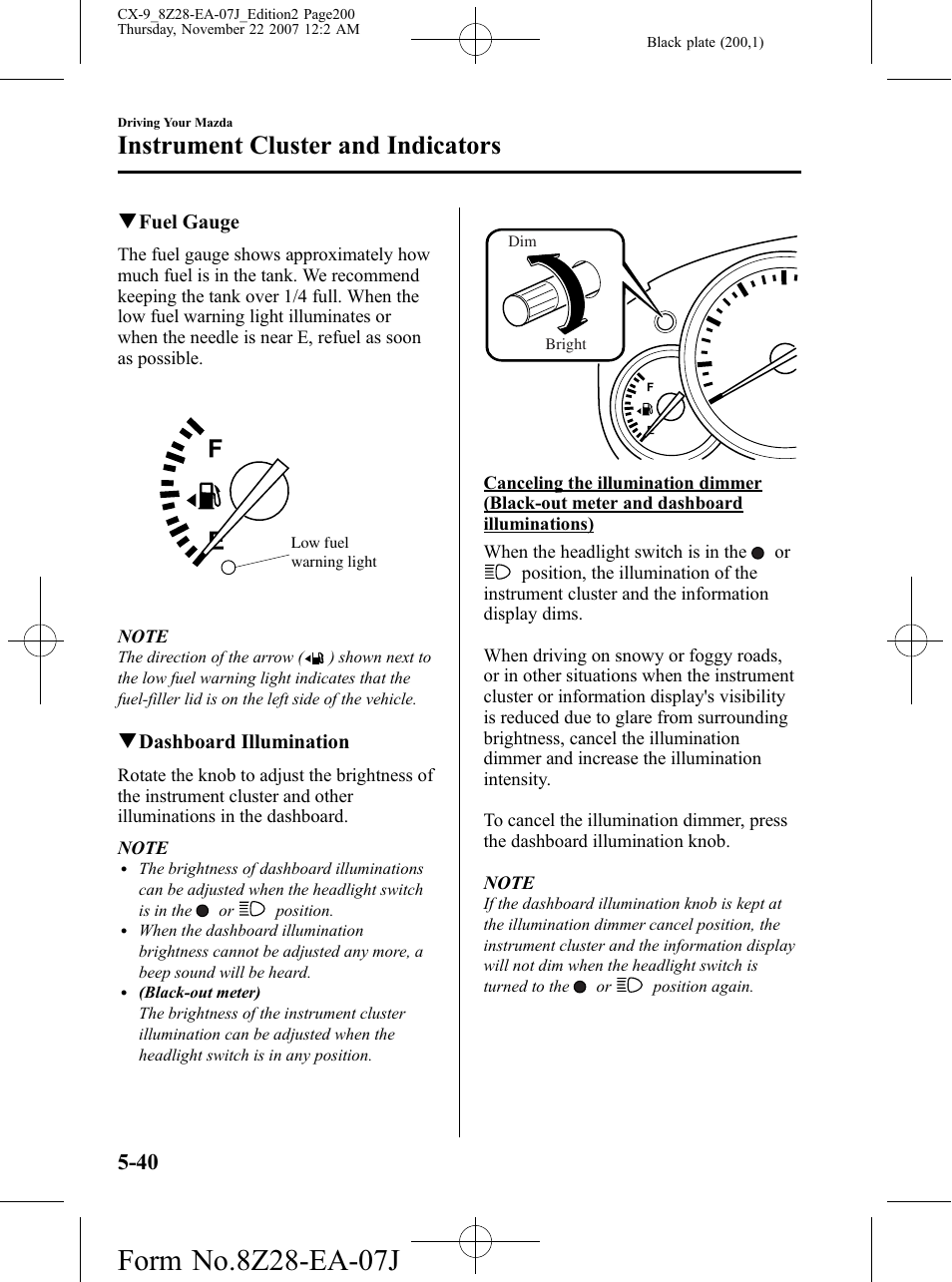 Instrument cluster and indicators | Mazda 2008 CX-9 User Manual | Page 200 / 506