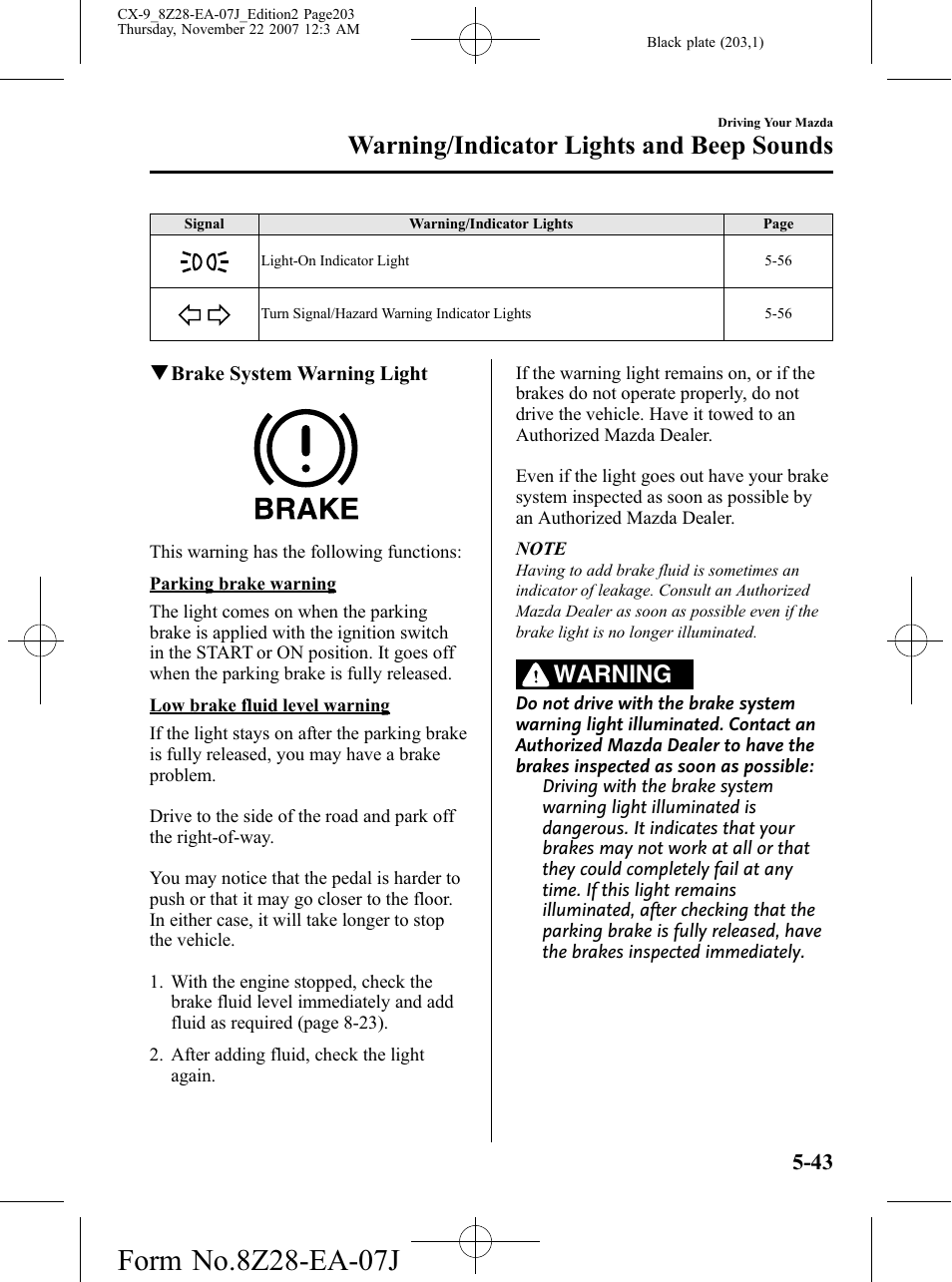 Warning/indicator lights and beep sounds, Warning | Mazda 2008 CX-9 User Manual | Page 203 / 506