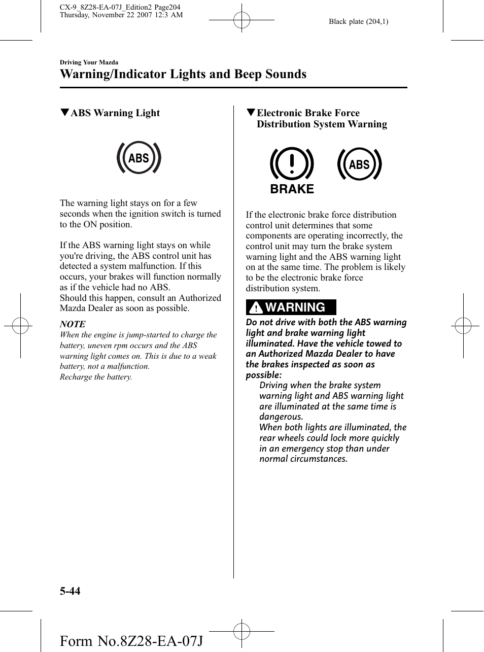 Warning/indicator lights and beep sounds, Warning | Mazda 2008 CX-9 User Manual | Page 204 / 506