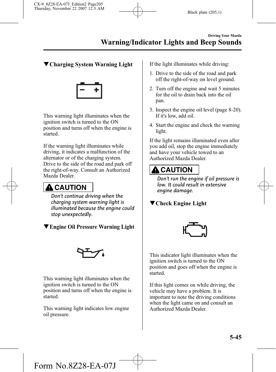 Warning/indicator lights and beep sounds, Caution | Mazda 2008 CX-9 User Manual | Page 205 / 506