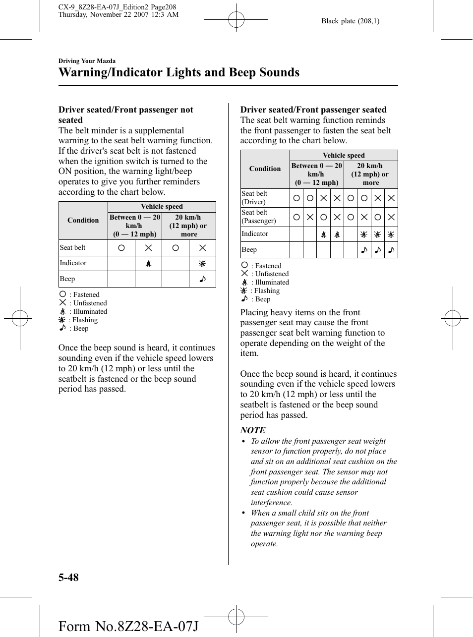 Warning/indicator lights and beep sounds | Mazda 2008 CX-9 User Manual | Page 208 / 506