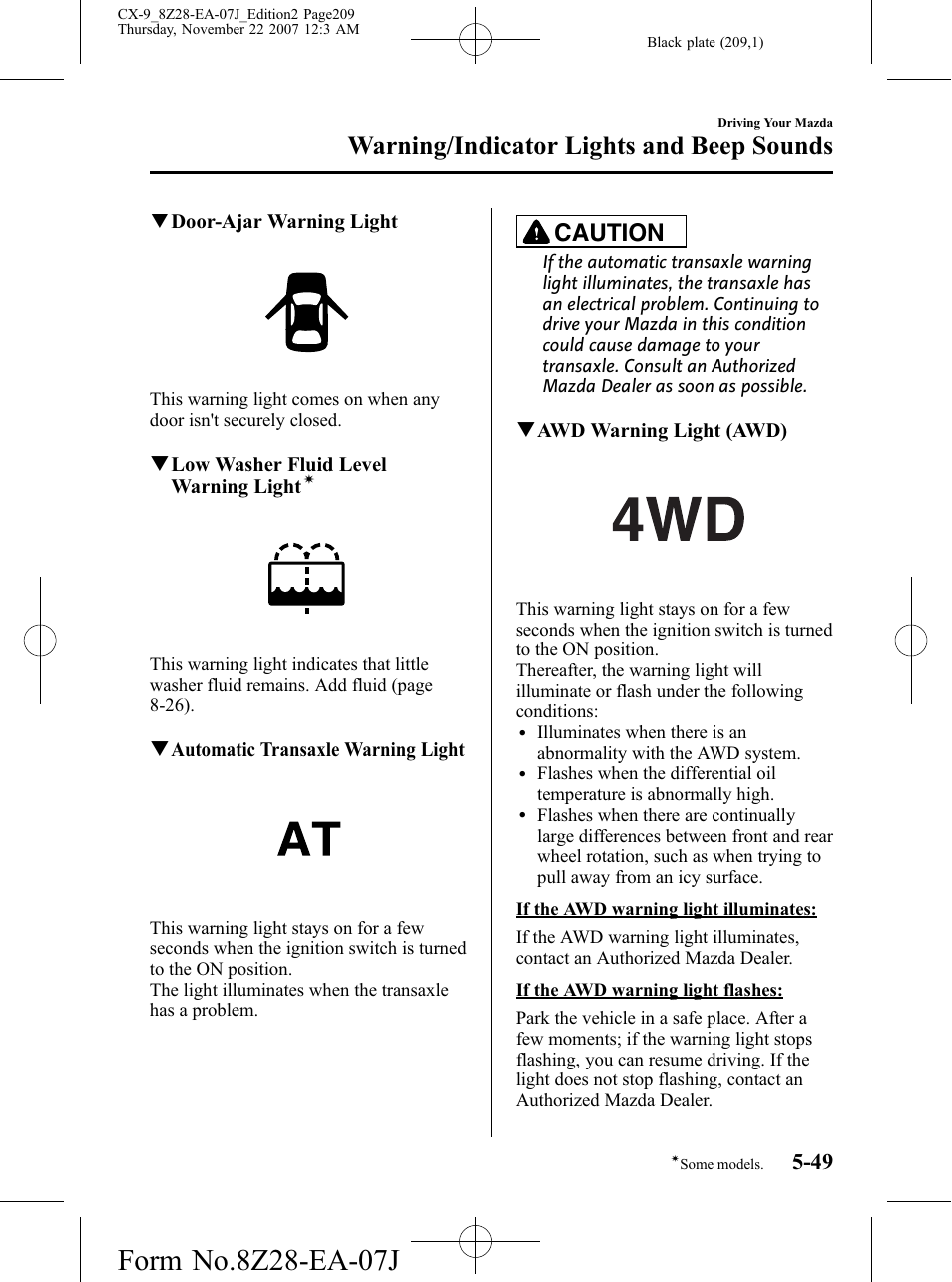 Warning/indicator lights and beep sounds, Caution | Mazda 2008 CX-9 User Manual | Page 209 / 506