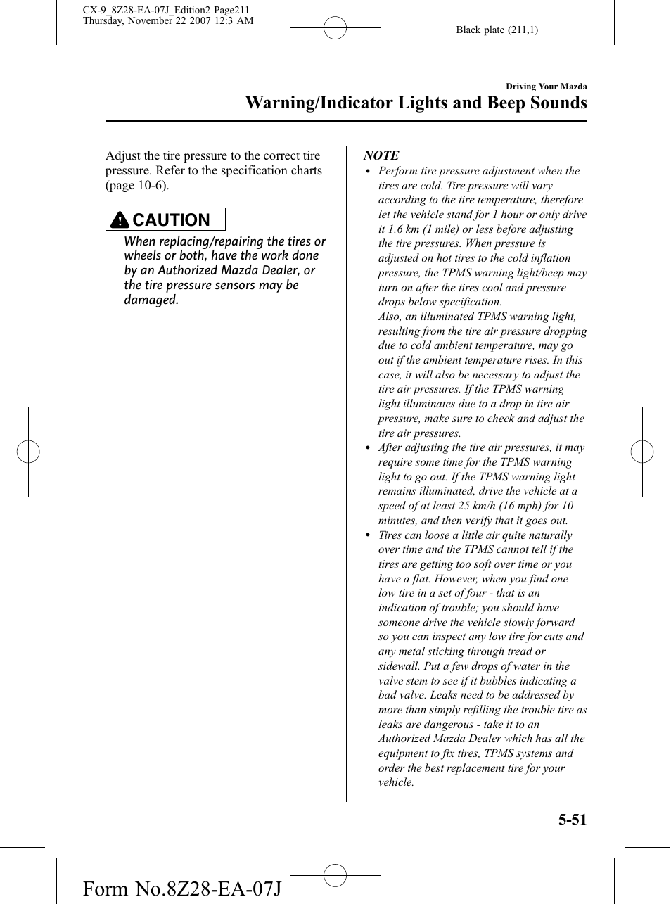 Warning/indicator lights and beep sounds, Caution | Mazda 2008 CX-9 User Manual | Page 211 / 506