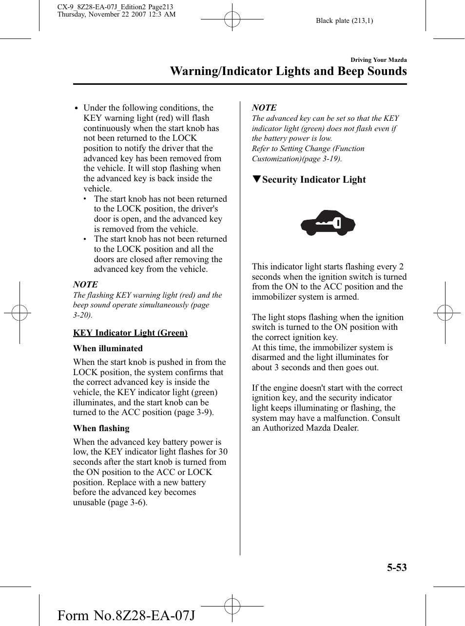 Warning/indicator lights and beep sounds | Mazda 2008 CX-9 User Manual | Page 213 / 506