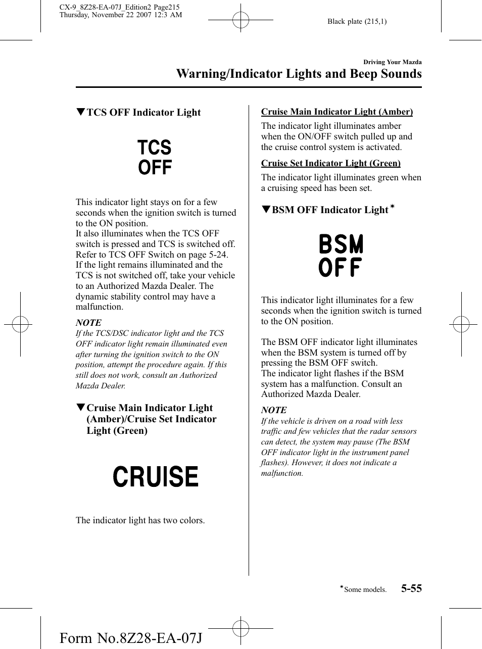 Warning/indicator lights and beep sounds | Mazda 2008 CX-9 User Manual | Page 215 / 506