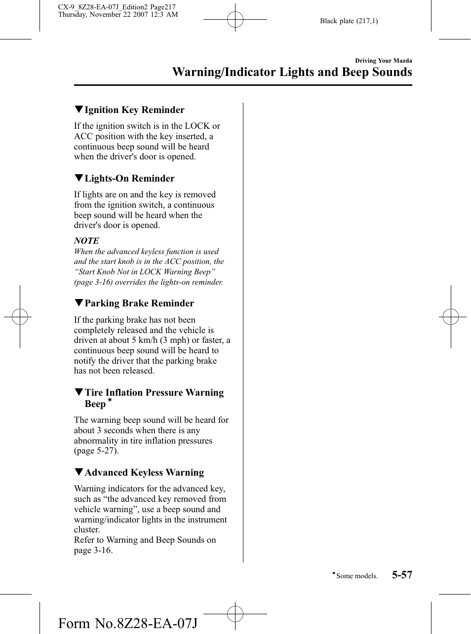 Warning/indicator lights and beep sounds | Mazda 2008 CX-9 User Manual | Page 217 / 506
