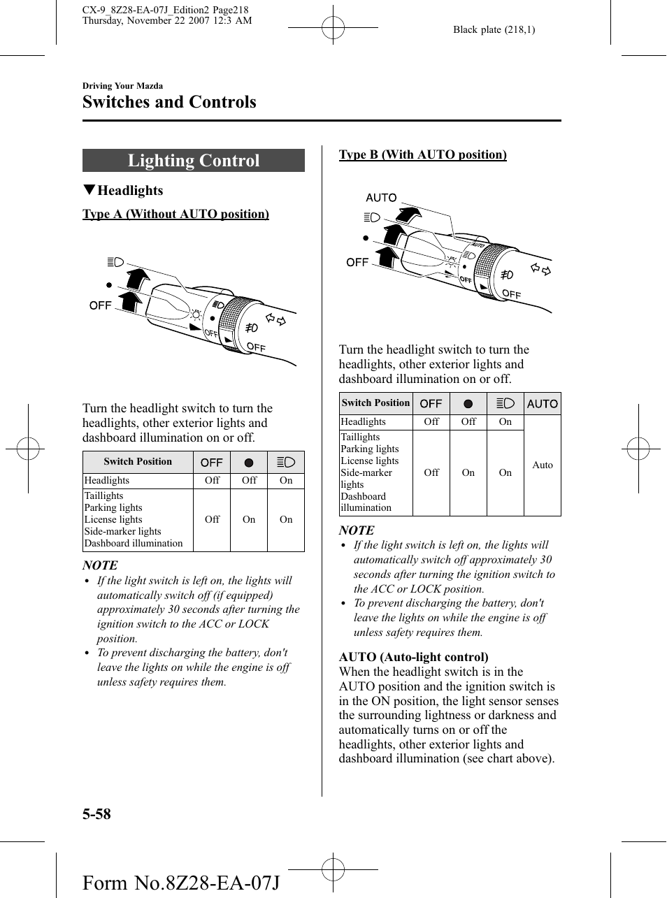 Switches and controls, Lighting control, Switches and controls -58 | Lighting control -58, Qheadlights | Mazda 2008 CX-9 User Manual | Page 218 / 506