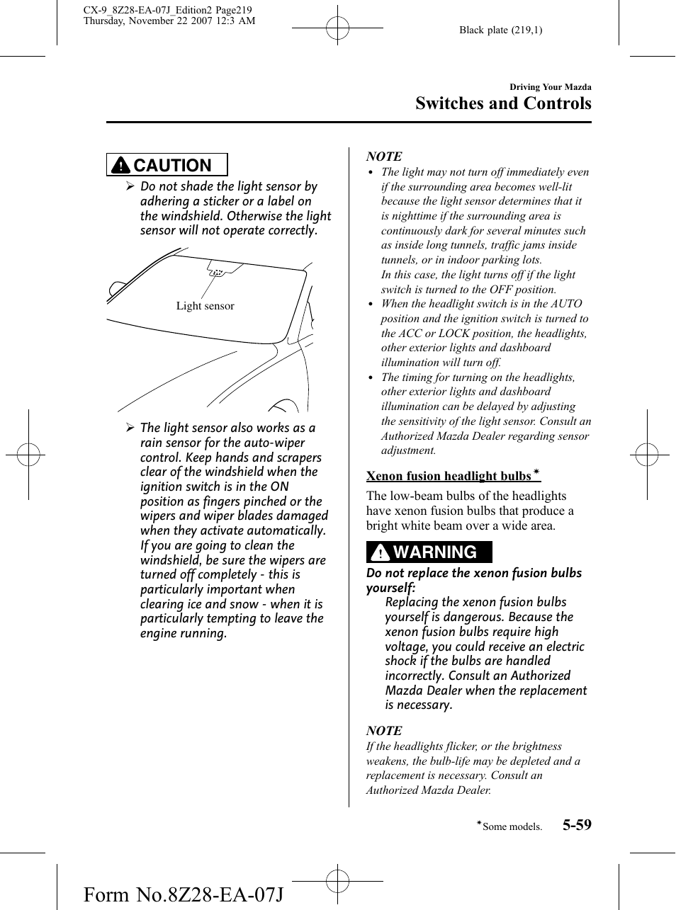 Switches and controls, Caution, Warning | Mazda 2008 CX-9 User Manual | Page 219 / 506