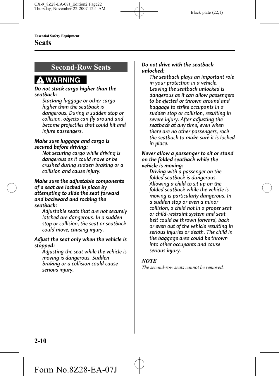 Second-row seats, Second-row seats -10, Seats | Warning | Mazda 2008 CX-9 User Manual | Page 22 / 506