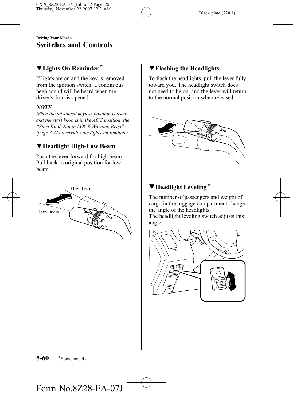Switches and controls | Mazda 2008 CX-9 User Manual | Page 220 / 506