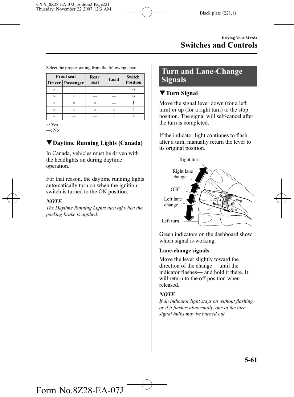 Turn and lane-change signals, Turn and lane-change signals -61, Switches and controls | Qdaytime running lights (canada), Qturn signal | Mazda 2008 CX-9 User Manual | Page 221 / 506