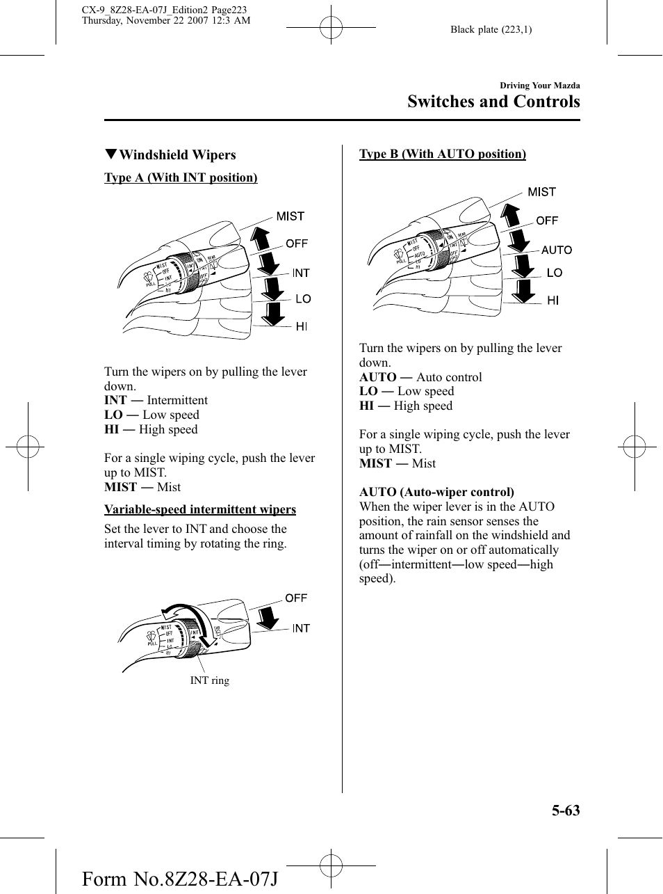 Switches and controls | Mazda 2008 CX-9 User Manual | Page 223 / 506