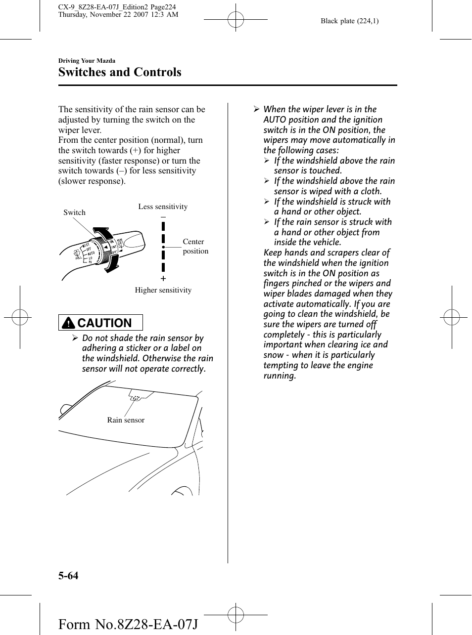 Switches and controls, Caution | Mazda 2008 CX-9 User Manual | Page 224 / 506