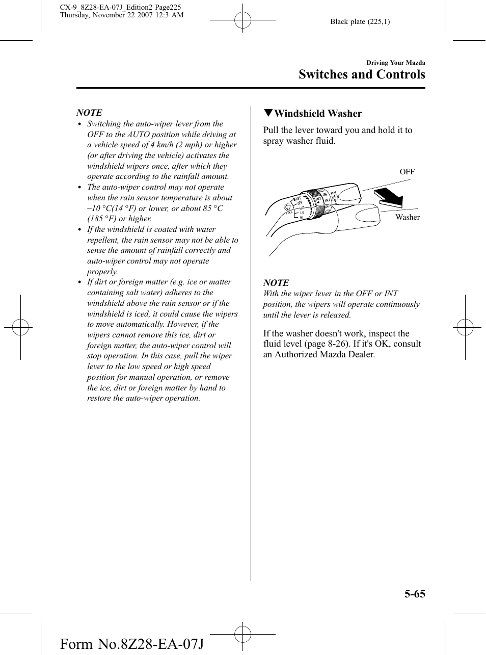 Switches and controls, Qwindshield washer | Mazda 2008 CX-9 User Manual | Page 225 / 506