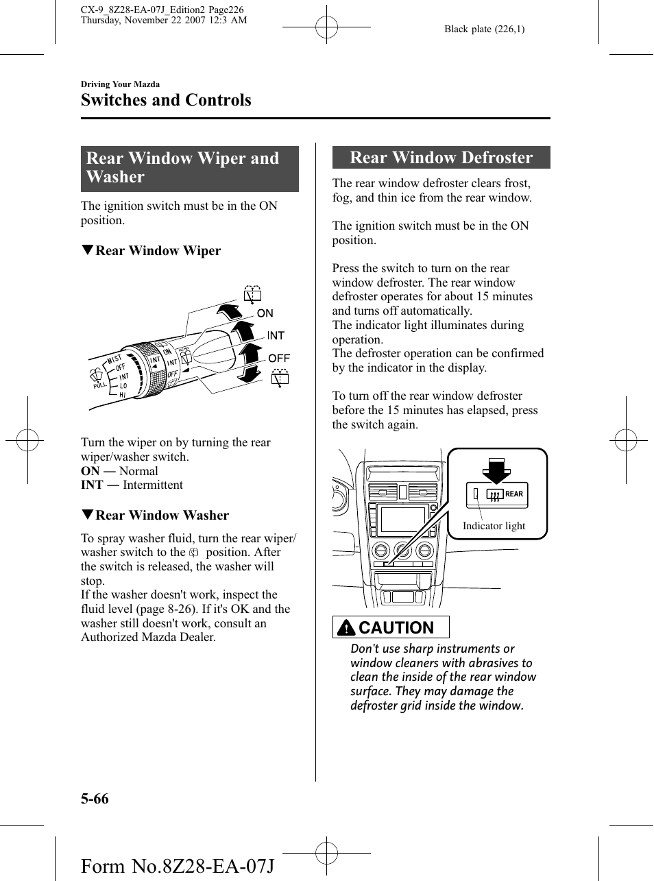 Rear window wiper and washer, Rear window defroster, Switches and controls | Caution | Mazda 2008 CX-9 User Manual | Page 226 / 506