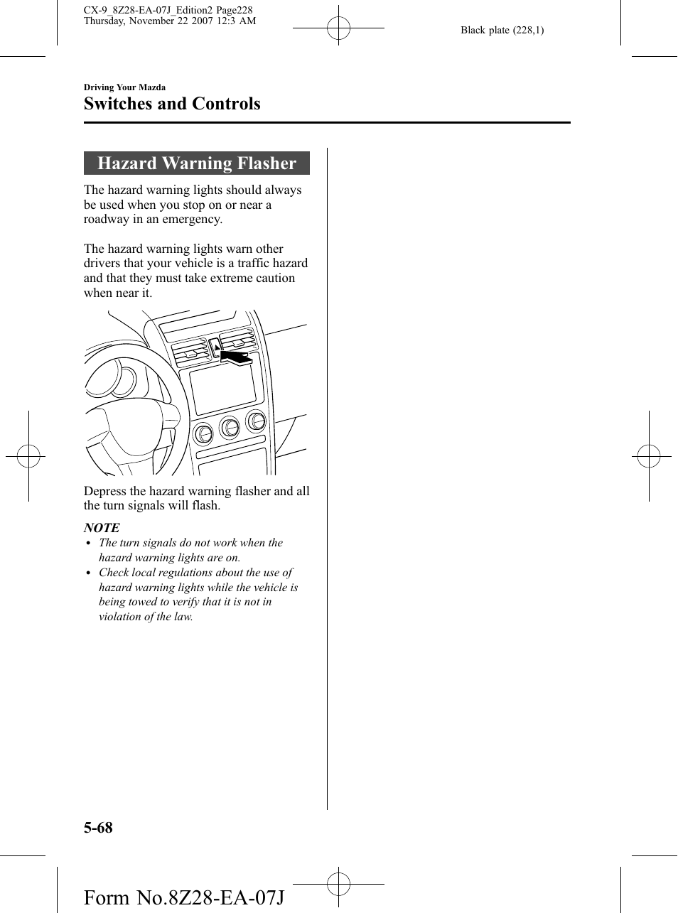 Hazard warning flasher, Hazard warning flasher -68, Switches and controls | Mazda 2008 CX-9 User Manual | Page 228 / 506