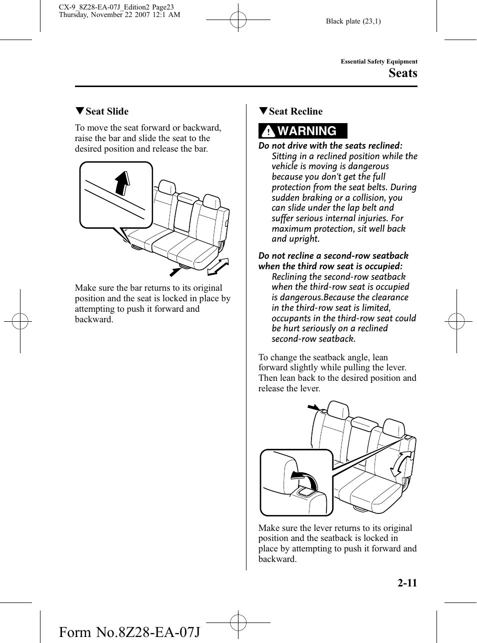 Seats, Warning | Mazda 2008 CX-9 User Manual | Page 23 / 506