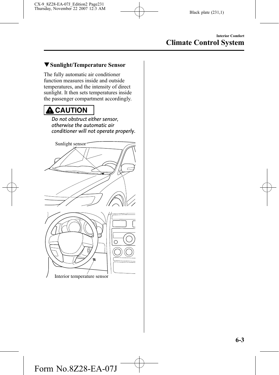 Climate control system, Caution | Mazda 2008 CX-9 User Manual | Page 231 / 506