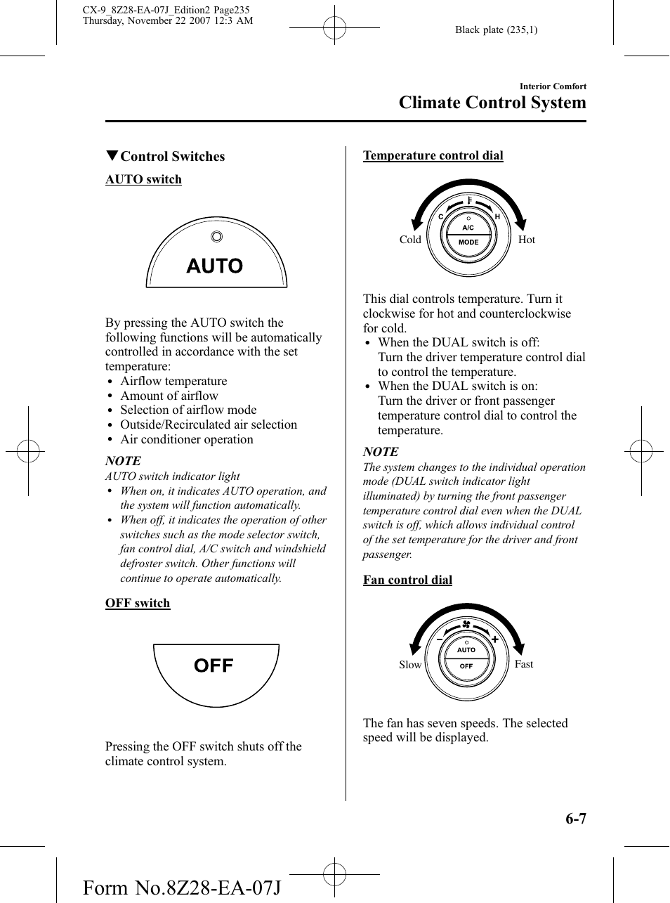 Climate control system, Qcontrol switches | Mazda 2008 CX-9 User Manual | Page 235 / 506