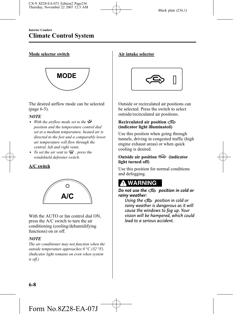 Climate control system, Warning | Mazda 2008 CX-9 User Manual | Page 236 / 506