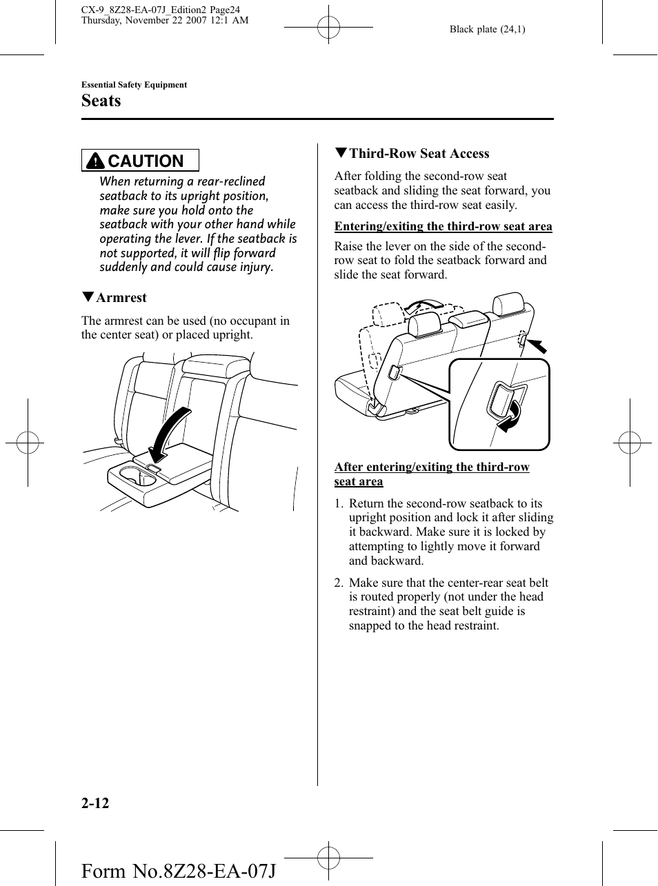 Seats, Caution | Mazda 2008 CX-9 User Manual | Page 24 / 506