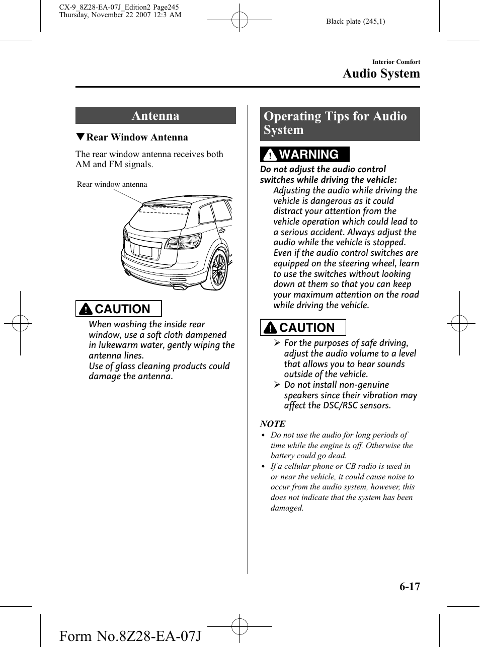Audio system, Antenna, Operating tips for audio system | Audio system -17, Antenna -17 operating tips for audio system -17, Caution, Warning | Mazda 2008 CX-9 User Manual | Page 245 / 506