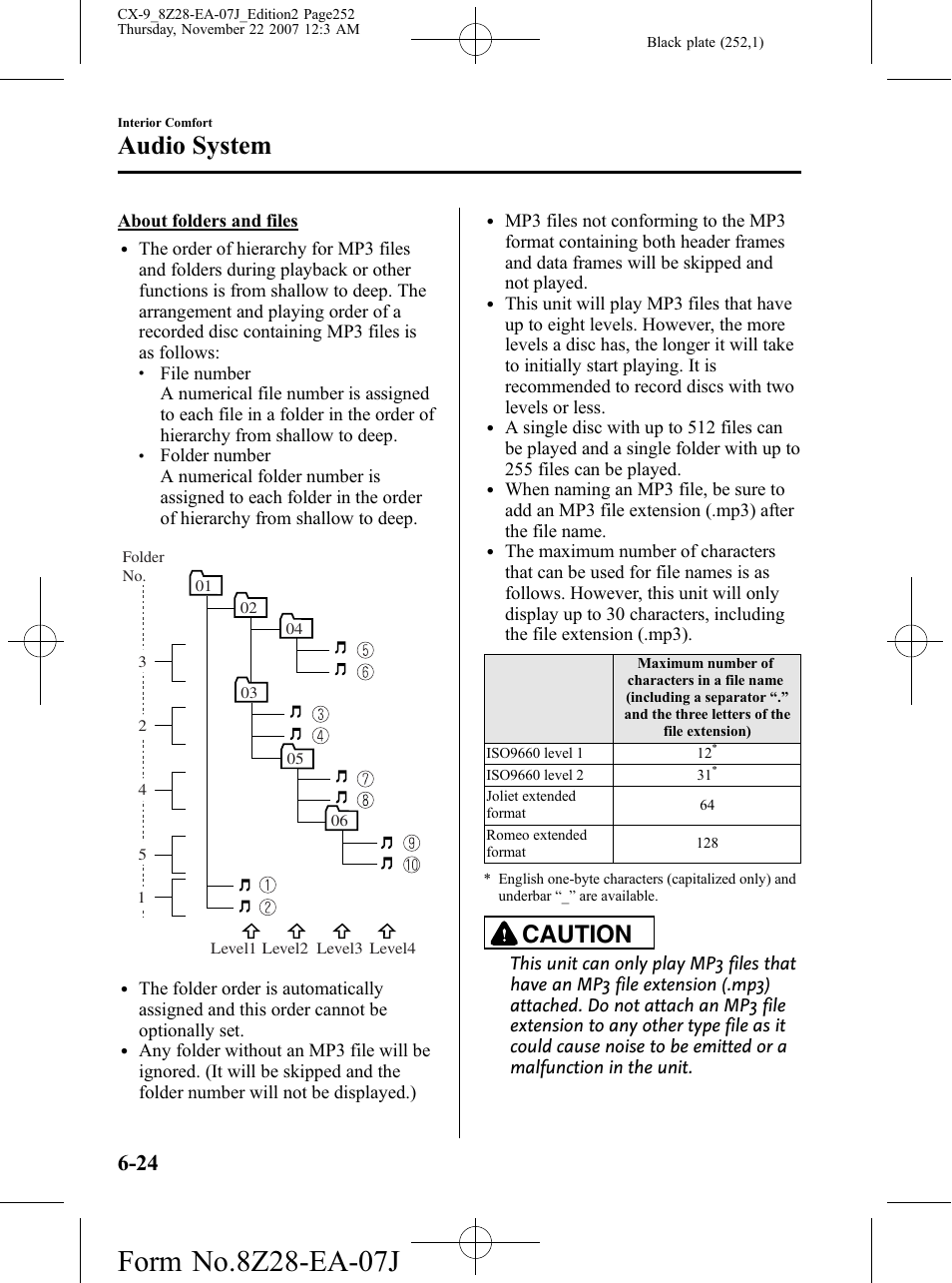 Audio system, Caution | Mazda 2008 CX-9 User Manual | Page 252 / 506