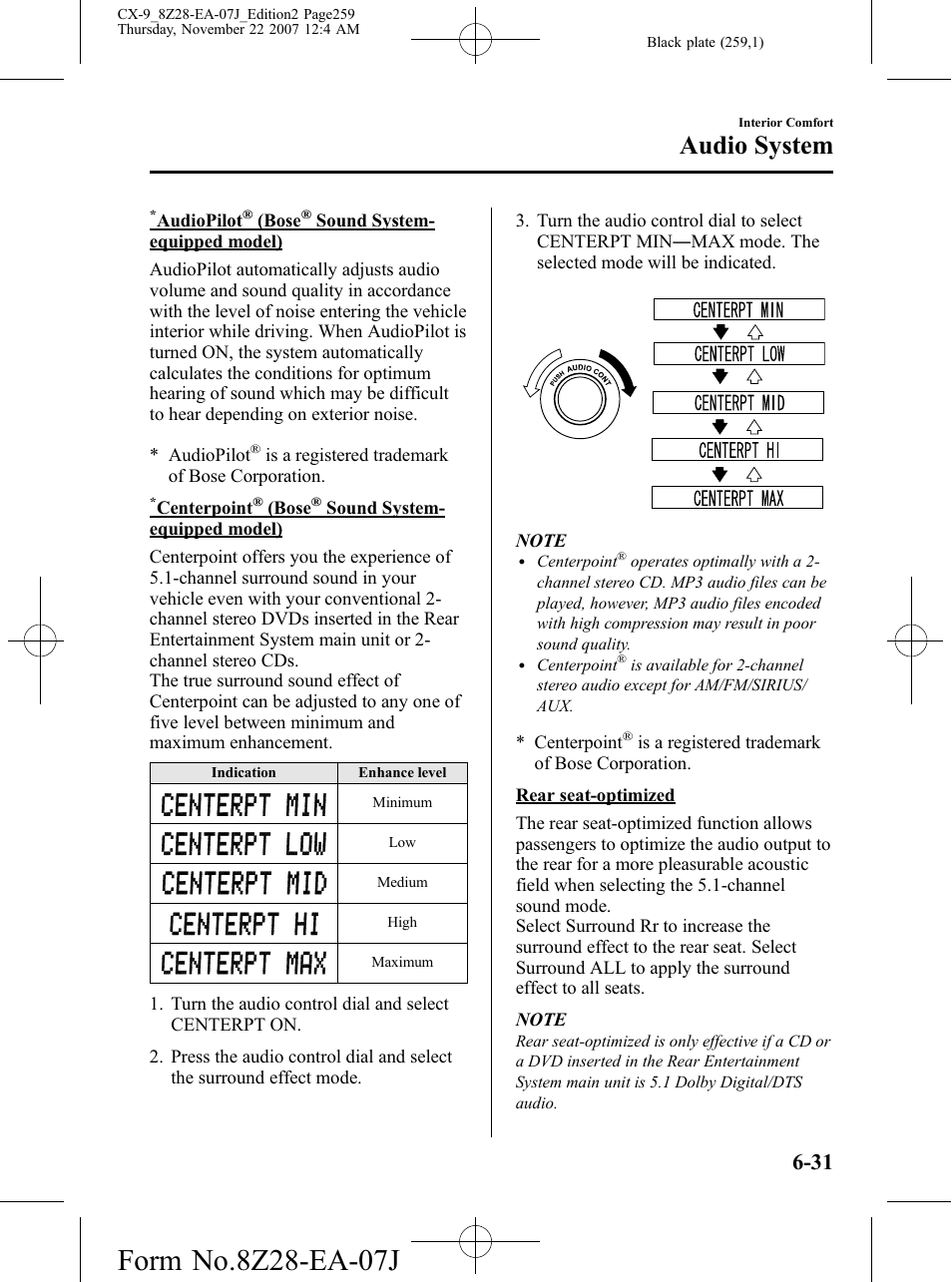 Audio system | Mazda 2008 CX-9 User Manual | Page 259 / 506