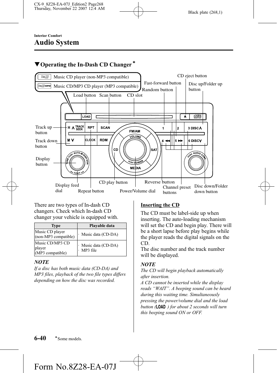 Audio system, Qoperating the in-dash cd changer | Mazda 2008 CX-9 User Manual | Page 268 / 506