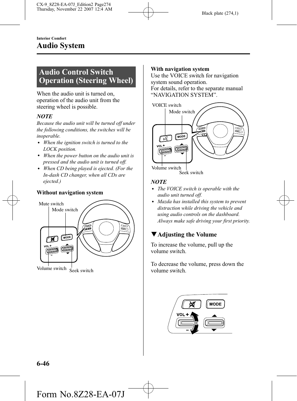 Audio control switch operation (steering wheel), Audio system, Qadjusting the volume | Mazda 2008 CX-9 User Manual | Page 274 / 506