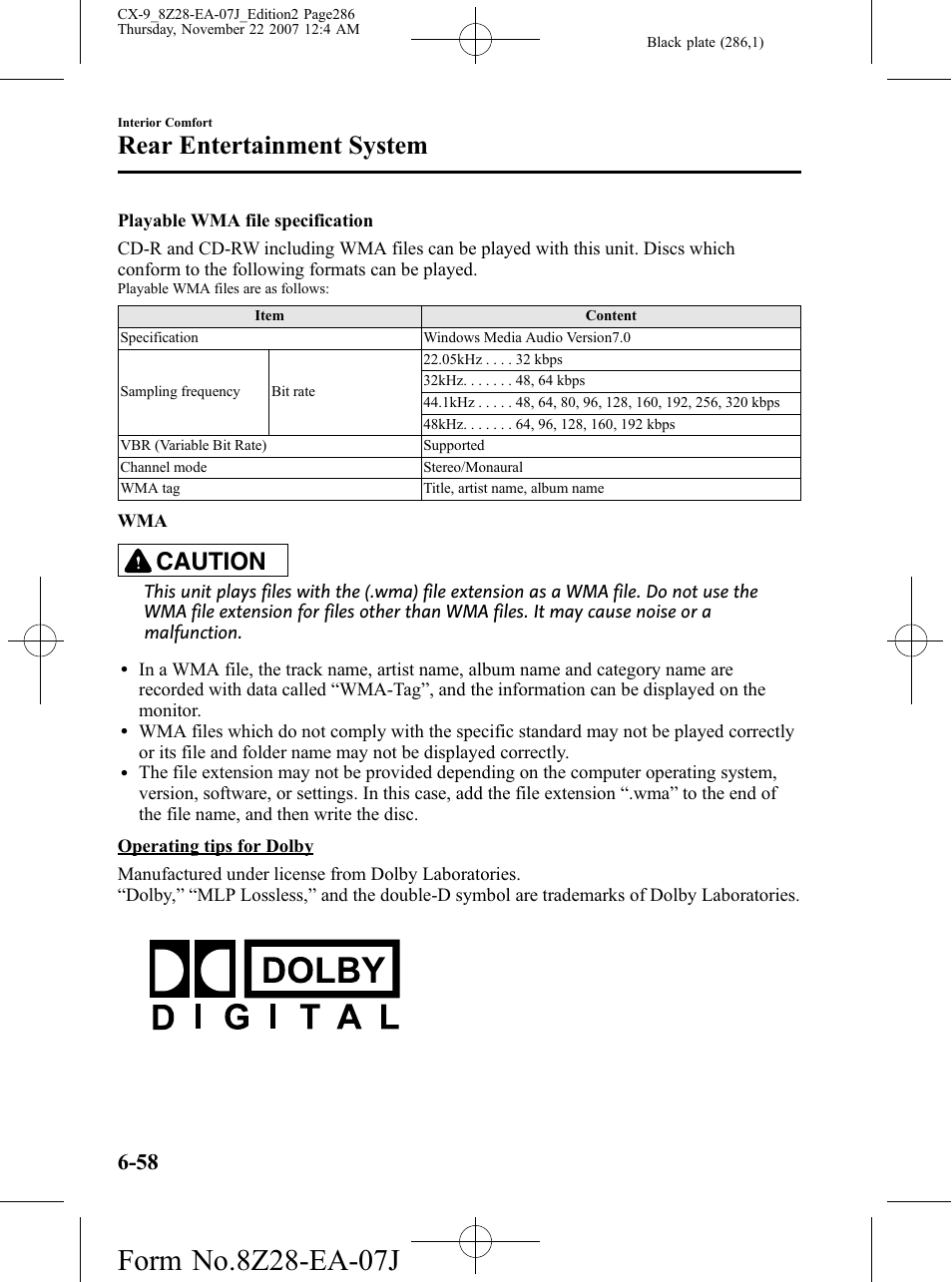 Rear entertainment system, Caution | Mazda 2008 CX-9 User Manual | Page 286 / 506