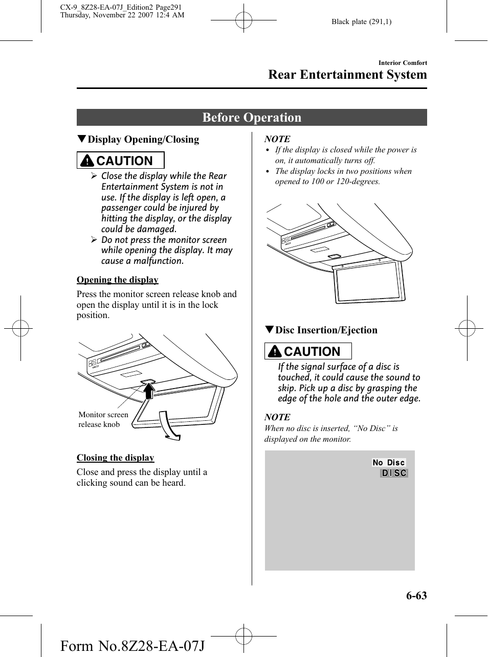 Before operation, Before operation -63, Rear entertainment system | Caution | Mazda 2008 CX-9 User Manual | Page 291 / 506