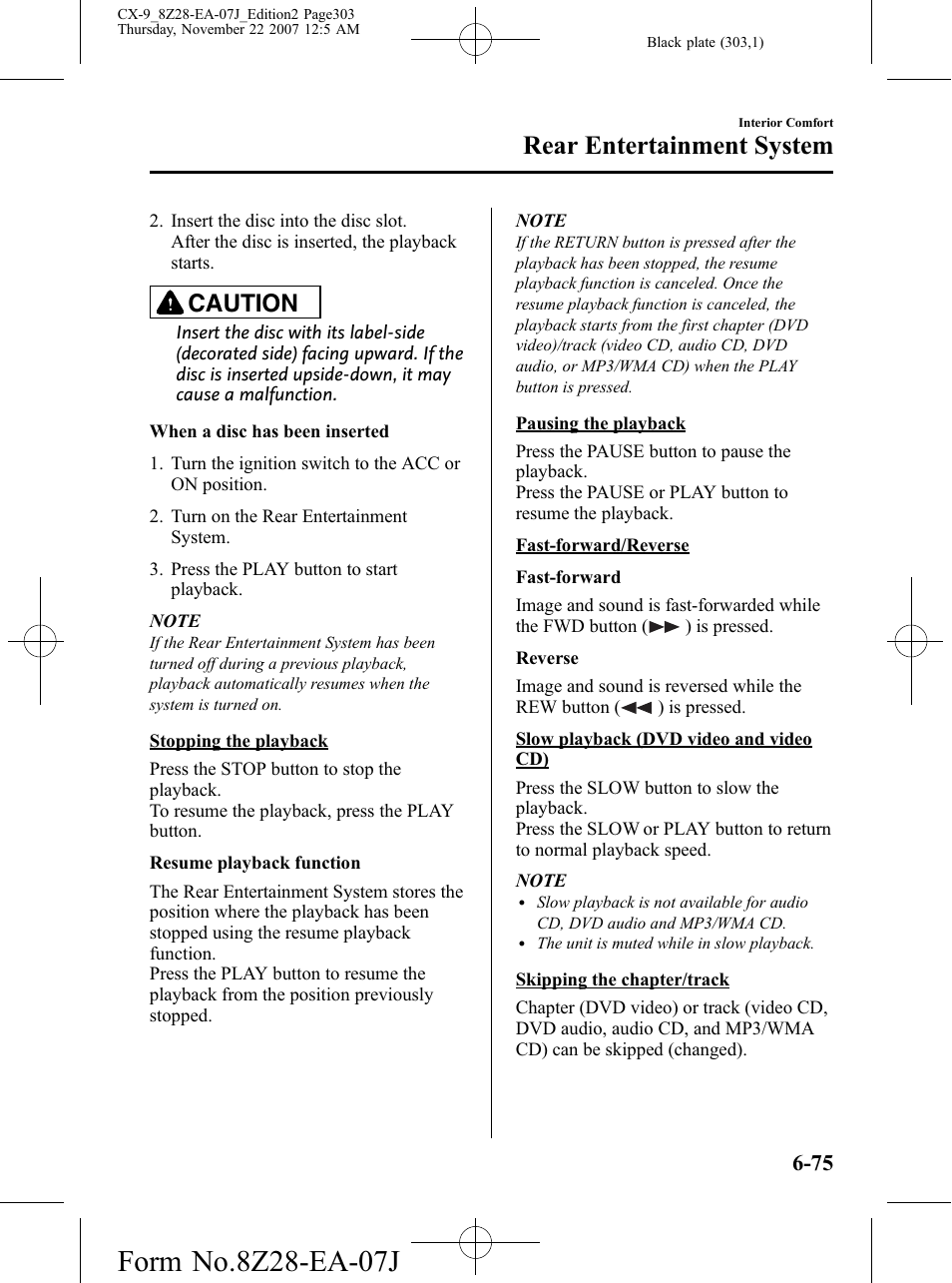Rear entertainment system, Caution | Mazda 2008 CX-9 User Manual | Page 303 / 506