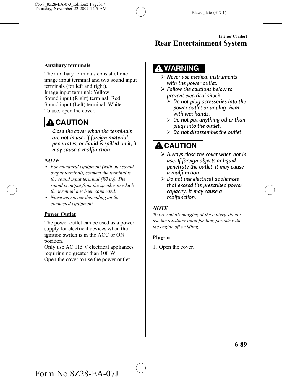 Rear entertainment system, Caution, Warning | Mazda 2008 CX-9 User Manual | Page 317 / 506