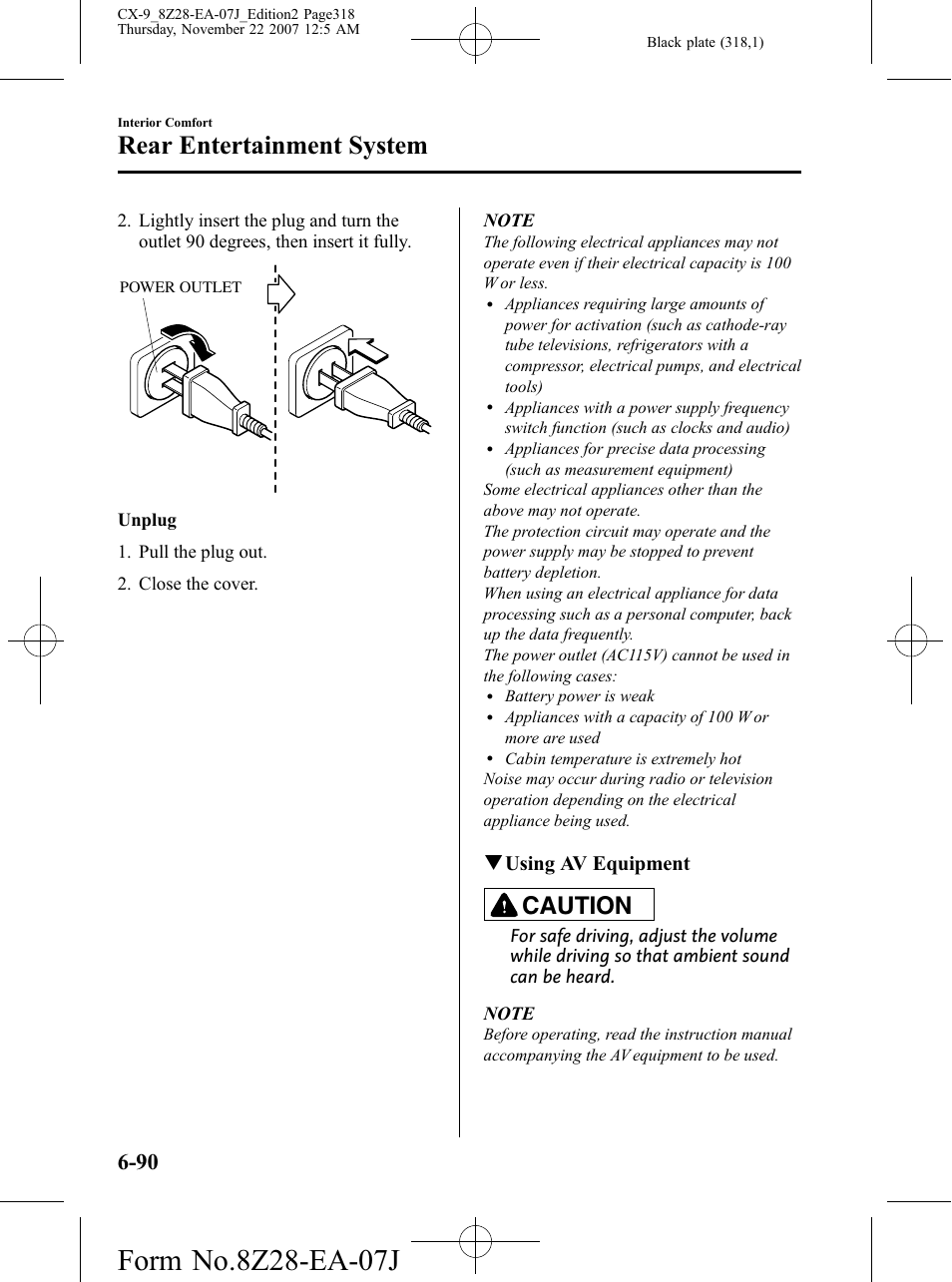 Rear entertainment system, Caution, Qusing av equipment | Mazda 2008 CX-9 User Manual | Page 318 / 506